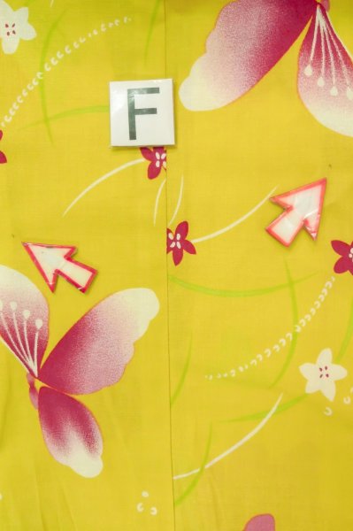 Photo20: P0722C Used Japanese kimono Yellow YUKATA summer(made in Other than Japan) for women / Cotton. Flower (Grade B) (20)