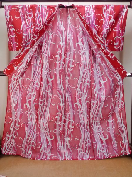 Photo3: P0722E Used Japanese kimono Vivid Red YUKATA summer(made in Other than Japan) for women / Cotton. Abstract pattern (Grade B) (3)