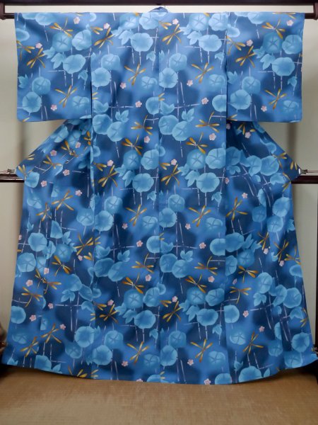 Photo2: P0722F Used Japanese kimono Blue YUKATA summer(made in Other than Japan) for women / Cotton. UME plum bloom, Morning Glories, Dragonfly Pattern (Grade A) (2)