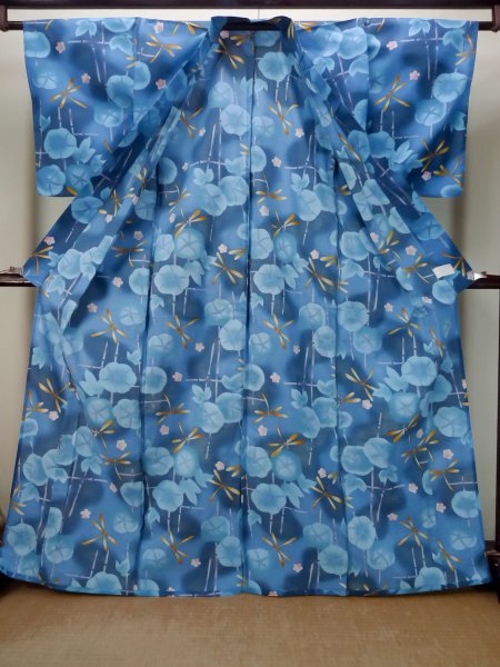 Photo3: P0722F Used Japanese kimono Blue YUKATA summer(made in Other than Japan) for women / Cotton. UME plum bloom, Morning Glories, Dragonfly Pattern (Grade A) (3)