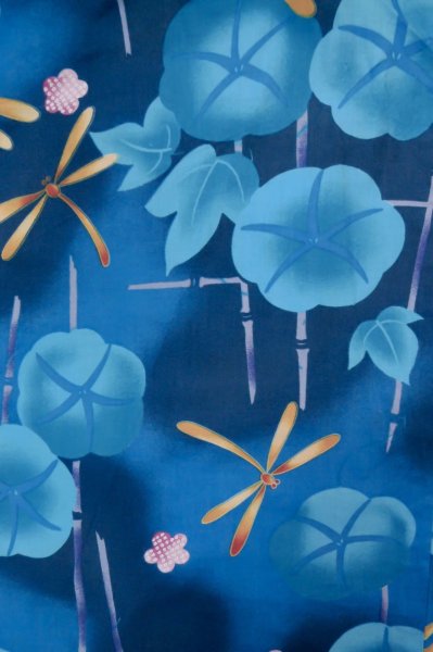 Photo1: P0722F Used Japanese kimono Blue YUKATA summer(made in Other than Japan) for women / Cotton. UME plum bloom, Morning Glories, Dragonfly Pattern (Grade A) (1)