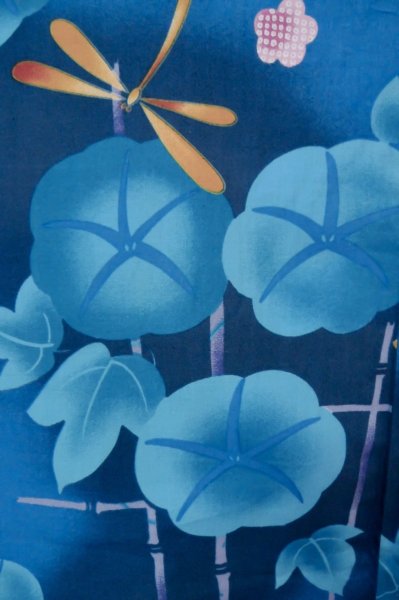 Photo5: P0722F Used Japanese kimono Blue YUKATA summer(made in Other than Japan) for women / Cotton. UME plum bloom, Morning Glories, Dragonfly Pattern (Grade A) (5)