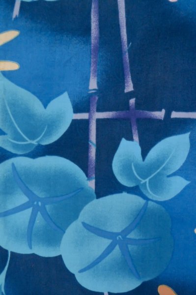 Photo7: P0722F Used Japanese kimono Blue YUKATA summer(made in Other than Japan) for women / Cotton. UME plum bloom, Morning Glories, Dragonfly Pattern (Grade A) (7)