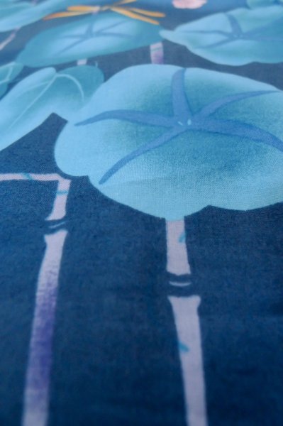 Photo8: P0722F Used Japanese kimono Blue YUKATA summer(made in Other than Japan) for women / Cotton. UME plum bloom, Morning Glories, Dragonfly Pattern (Grade A) (8)