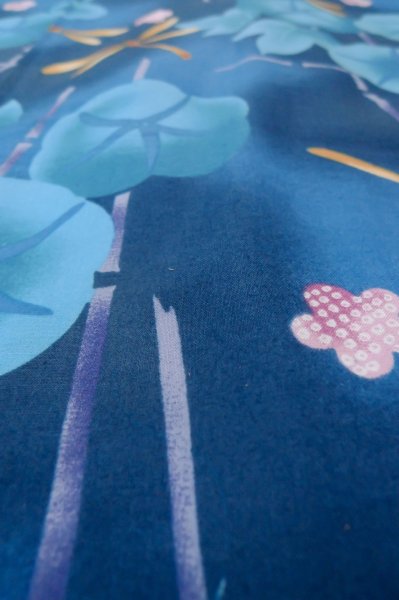 Photo9: P0722F Used Japanese kimono Blue YUKATA summer(made in Other than Japan) for women / Cotton. UME plum bloom, Morning Glories, Dragonfly Pattern (Grade A) (9)