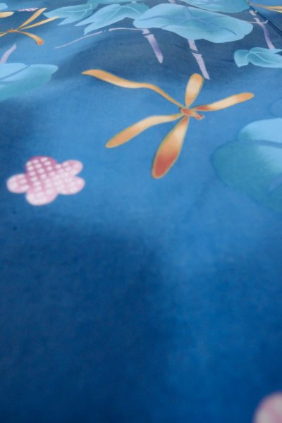 Photo10: P0722F Used Japanese kimono Blue YUKATA summer(made in Other than Japan) for women / Cotton. UME plum bloom, Morning Glories, Dragonfly Pattern (Grade A) (10)