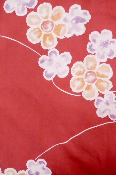 Photo1: P0722H Used Japanese kimono Red YUKATA summer(made in Other than Japan) for women / Cotton. Flower (Grade B) (1)