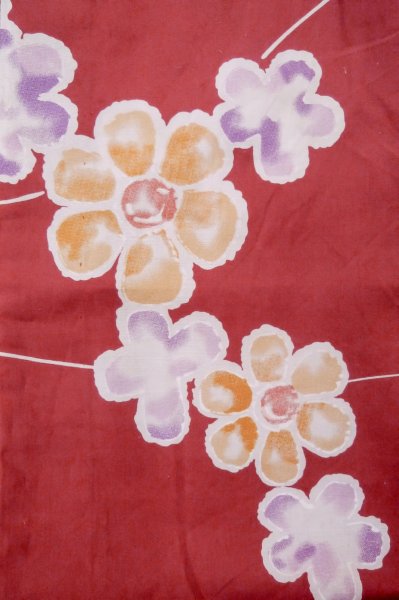 Photo7: P0722H Used Japanese kimono Red YUKATA summer(made in Other than Japan) for women / Cotton. Flower (Grade B) (7)