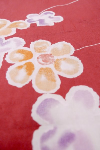 Photo10: P0722H Used Japanese kimono Red YUKATA summer(made in Other than Japan) for women / Cotton. Flower (Grade B) (10)
