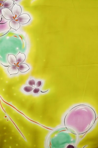 Photo4: P0722I Used Japanese kimono Grayish Yellow YUKATA summer(made in Other than Japan) for women / Cotton. Flower, Soap Bubbles pattern (Grade B) (4)