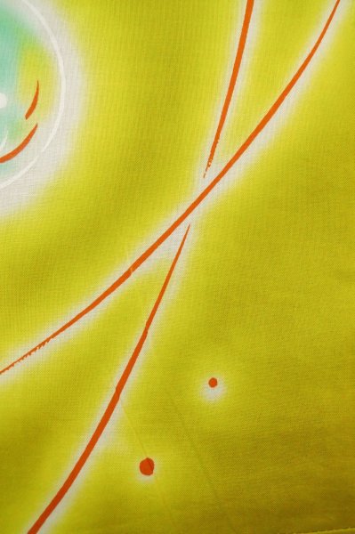 Photo7: P0722I Used Japanese kimono Grayish Yellow YUKATA summer(made in Other than Japan) for women / Cotton. Flower, Soap Bubbles pattern (Grade B) (7)