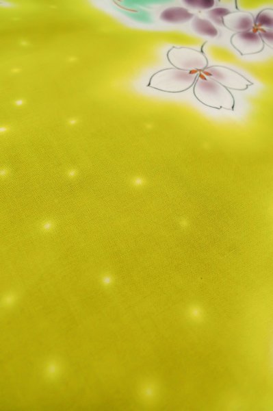 Photo10: P0722I Used Japanese kimono Grayish Yellow YUKATA summer(made in Other than Japan) for women / Cotton. Flower, Soap Bubbles pattern (Grade B) (10)