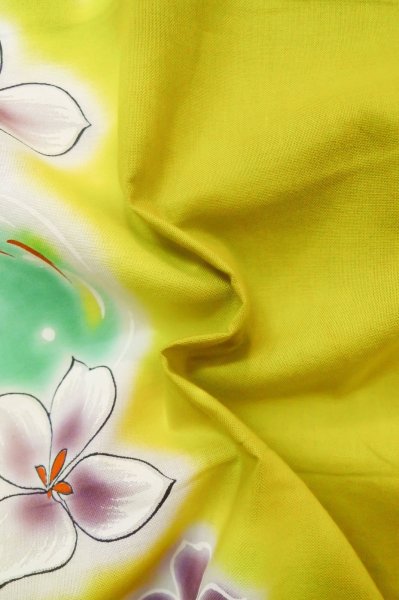 Photo11: P0722I Used Japanese kimono Grayish Yellow YUKATA summer(made in Other than Japan) for women / Cotton. Flower, Soap Bubbles pattern (Grade B) (11)