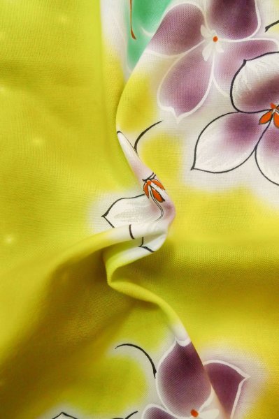 Photo12: P0722I Used Japanese kimono Grayish Yellow YUKATA summer(made in Other than Japan) for women / Cotton. Flower, Soap Bubbles pattern (Grade B) (12)
