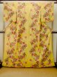 Photo2: P0722J Used Japanese kimono Vivid Yellow YUKATA summer(made in Other than Japan) for women / Cotton. Flower, Morning Glories, Fan Pattern (Grade B) (2)