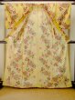 Photo3: P0722J Used Japanese kimono Vivid Yellow YUKATA summer(made in Other than Japan) for women / Cotton. Flower, Morning Glories, Fan Pattern (Grade B) (3)