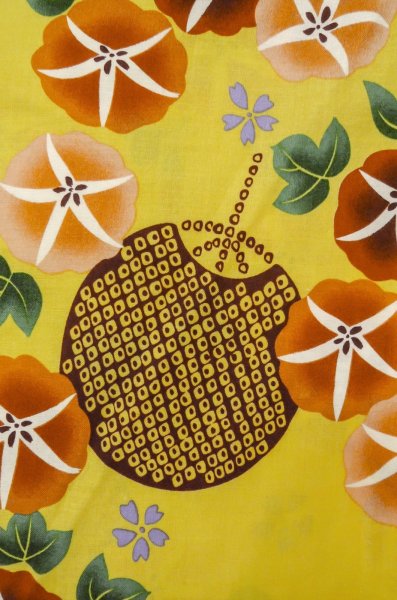 Photo5: P0722J Used Japanese kimono Vivid Yellow YUKATA summer(made in Other than Japan) for women / Cotton. Flower, Morning Glories, Fan Pattern (Grade B) (5)