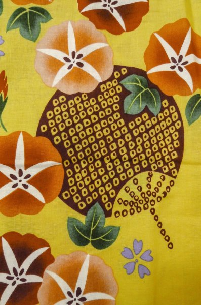 Photo6: P0722J Used Japanese kimono Vivid Yellow YUKATA summer(made in Other than Japan) for women / Cotton. Flower, Morning Glories, Fan Pattern (Grade B) (6)
