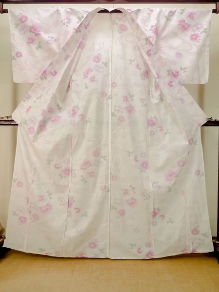 Photo3: P0722N Used Japanese kimono Pale Pink YUKATA summer(made in Other than Japan) for women / Cotton. SAKURA cherry blossom (Grade B) (3)