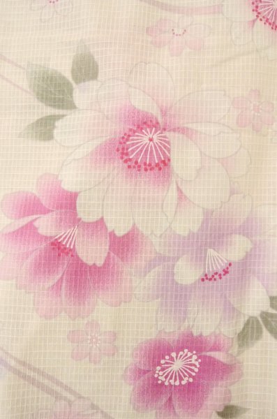Photo5: P0722N Used Japanese kimono Pale Pink YUKATA summer(made in Other than Japan) for women / Cotton. SAKURA cherry blossom (Grade B) (5)