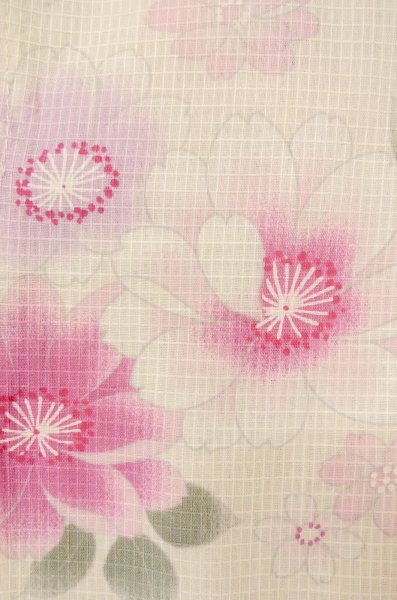 Photo6: P0722N Used Japanese kimono Pale Pink YUKATA summer(made in Other than Japan) for women / Cotton. SAKURA cherry blossom (Grade B) (6)