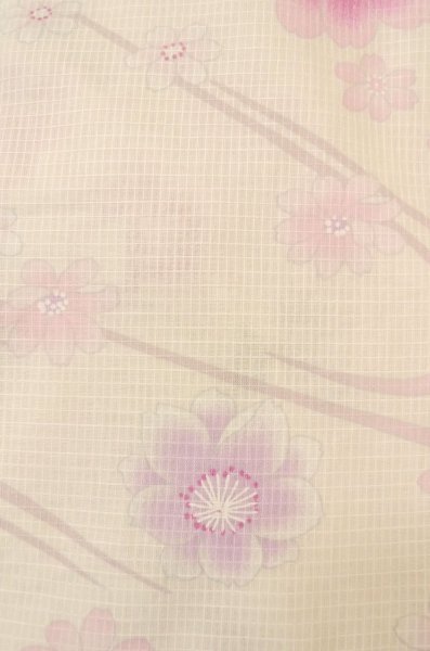 Photo7: P0722N Used Japanese kimono Pale Pink YUKATA summer(made in Other than Japan) for women / Cotton. SAKURA cherry blossom (Grade B) (7)