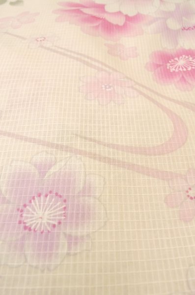 Photo9: P0722N Used Japanese kimono Pale Pink YUKATA summer(made in Other than Japan) for women / Cotton. SAKURA cherry blossom (Grade B) (9)