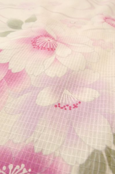 Photo10: P0722N Used Japanese kimono Pale Pink YUKATA summer(made in Other than Japan) for women / Cotton. SAKURA cherry blossom (Grade B) (10)