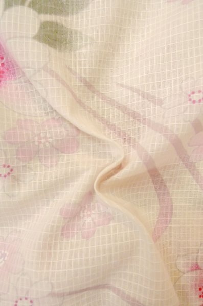 Photo11: P0722N Used Japanese kimono Pale Pink YUKATA summer(made in Other than Japan) for women / Cotton. SAKURA cherry blossom (Grade B) (11)