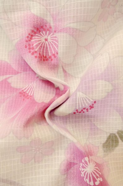 Photo12: P0722N Used Japanese kimono Pale Pink YUKATA summer(made in Other than Japan) for women / Cotton. SAKURA cherry blossom (Grade B) (12)
