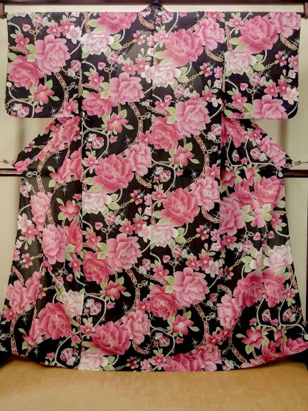 Photo2: P0722O Used Japanese kimono Black YUKATA summer(made in Other than Japan) for women / Cotton. Rose, Chains, Pearls, and Perfume Bottle Motifs (Grade B) (2)