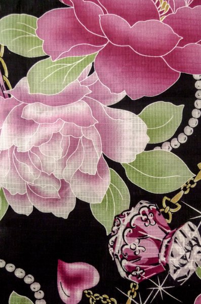 Photo6: P0722O Used Japanese kimono Black YUKATA summer(made in Other than Japan) for women / Cotton. Rose, Chains, Pearls, and Perfume Bottle Motifs (Grade B) (6)