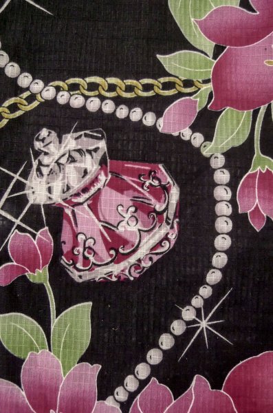 Photo7: P0722O Used Japanese kimono Black YUKATA summer(made in Other than Japan) for women / Cotton. Rose, Chains, Pearls, and Perfume Bottle Motifs (Grade B) (7)