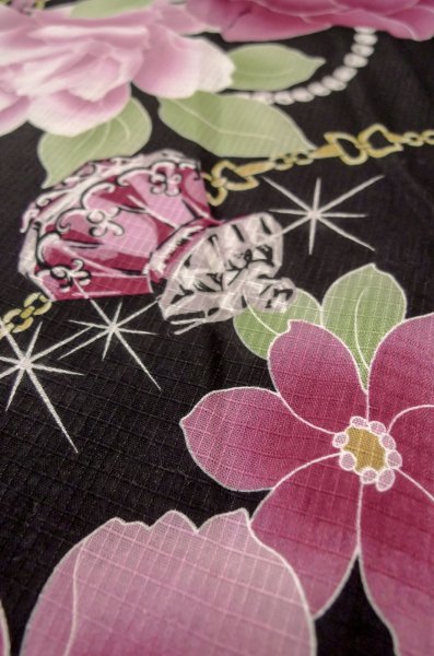 Photo8: P0722O Used Japanese kimono Black YUKATA summer(made in Other than Japan) for women / Cotton. Rose, Chains, Pearls, and Perfume Bottle Motifs (Grade B) (8)