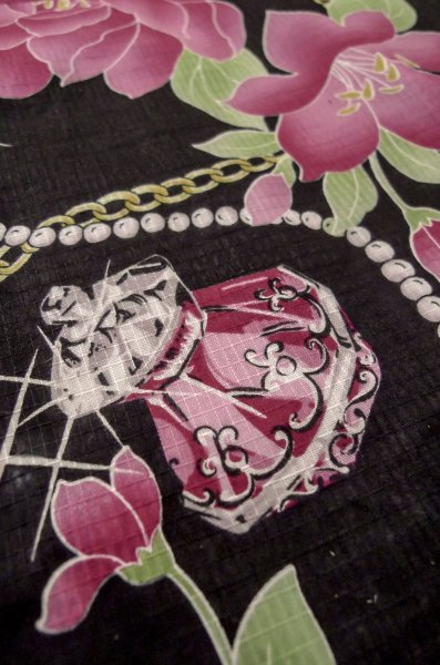 Photo10: P0722O Used Japanese kimono Black YUKATA summer(made in Other than Japan) for women / Cotton. Rose, Chains, Pearls, and Perfume Bottle Motifs (Grade B) (10)