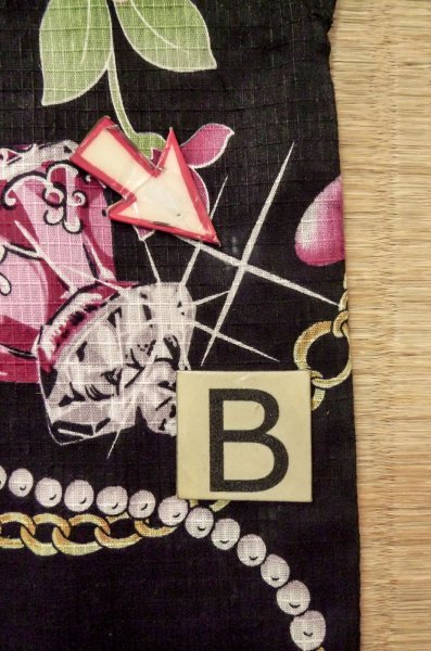 Photo15: P0722O Used Japanese kimono Black YUKATA summer(made in Other than Japan) for women / Cotton. Rose, Chains, Pearls, and Perfume Bottle Motifs (Grade B) (15)