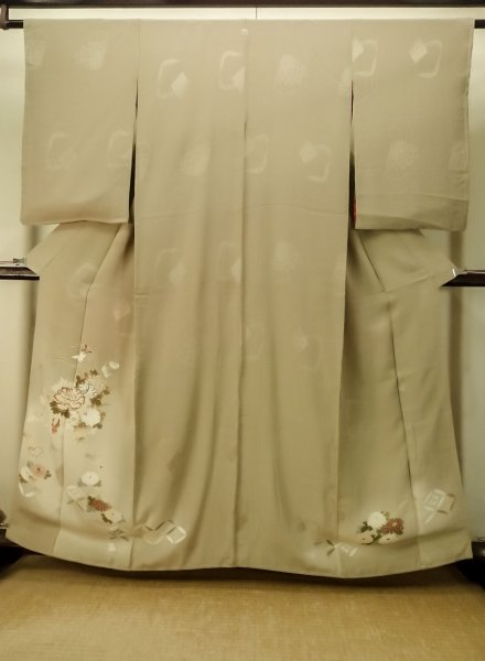 Photo1: P0731V Antique Japanese kimono Pale Brown TOMESODE formal for women / Silk. Peony, Based woven pattern: Shellfish, Letters of  Incense game (Grade B) (1)