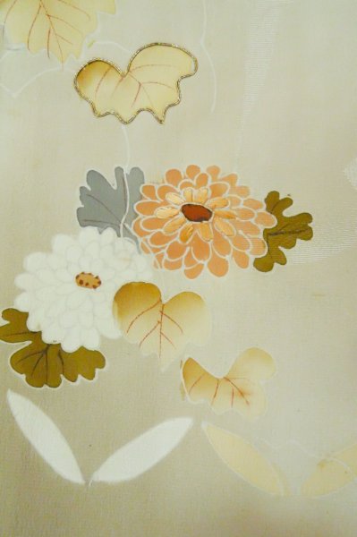 Photo7: P0731V Antique Japanese kimono Pale Brown TOMESODE formal for women / Silk. Peony, Based woven pattern: Shellfish, Letters of  Incense game (Grade B) (7)