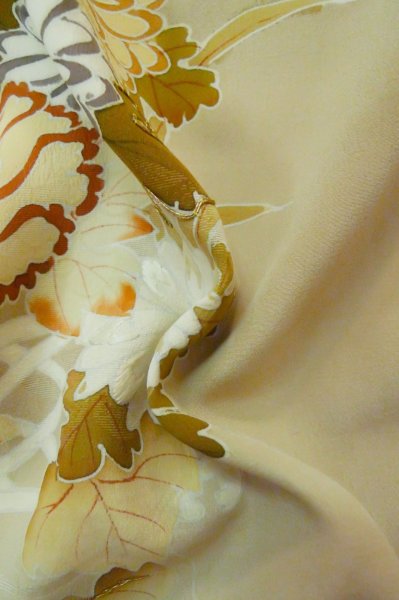 Photo12: P0731V Antique Japanese kimono Pale Brown TOMESODE formal for women / Silk. Peony, Based woven pattern: Shellfish, Letters of  Incense game (Grade B) (12)