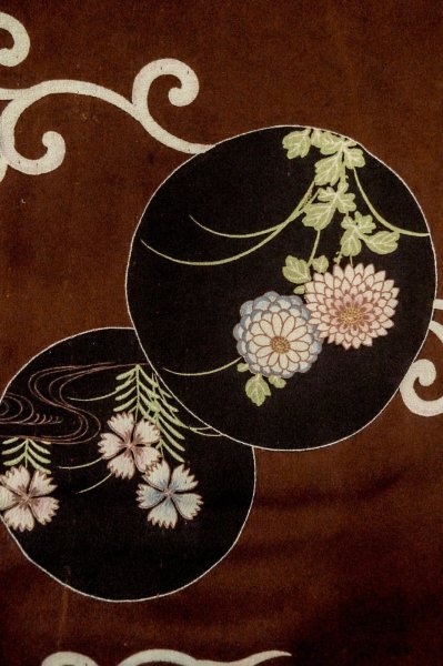 Photo5: P0731W Antique Japanese kimono Dark Dark Red KOMON dyed for women / Silk. Chrysanthemum, Fringed pink pattern (Grade C) (5)