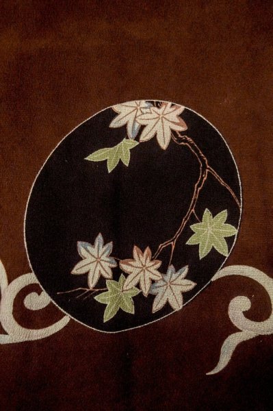 Photo6: P0731W Antique Japanese kimono Dark Dark Red KOMON dyed for women / Silk. Chrysanthemum, Fringed pink pattern (Grade C) (6)
