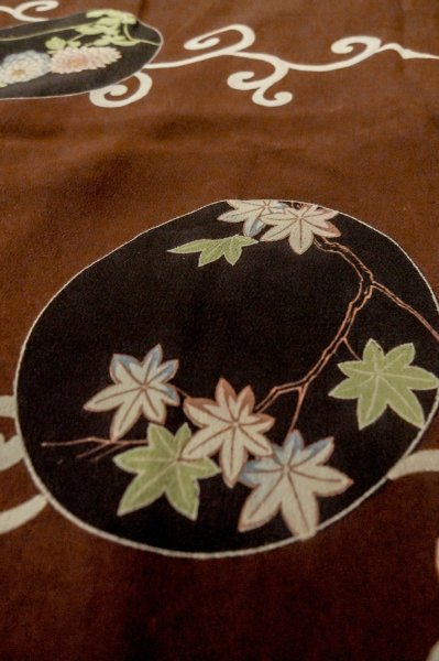 Photo9: P0731W Antique Japanese kimono Dark Dark Red KOMON dyed for women / Silk. Chrysanthemum, Fringed pink pattern (Grade C) (9)