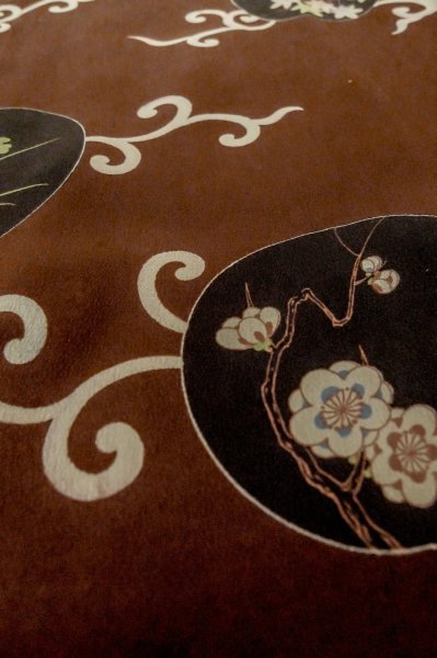 Photo10: P0731W Antique Japanese kimono Dark Dark Red KOMON dyed for women / Silk. Chrysanthemum, Fringed pink pattern (Grade C) (10)