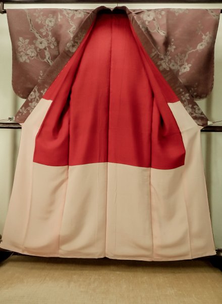 Photo2: P0801A Antique Japanese kimono Dark Red ORI woven for women / Silk. Flower (Grade C) (2)