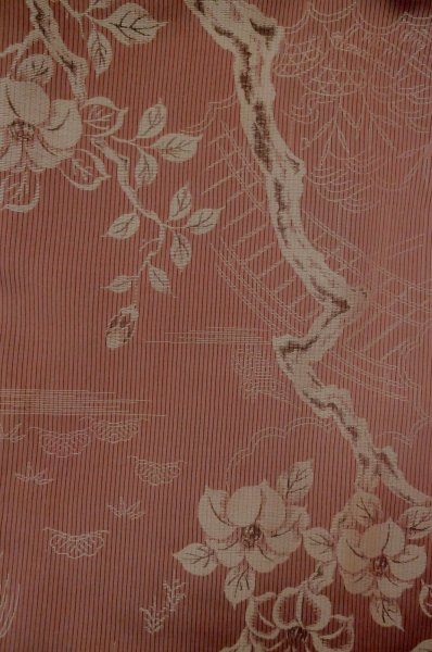 Photo3: P0801A Antique Japanese kimono Dark Red ORI woven for women / Silk. Flower (Grade C) (3)