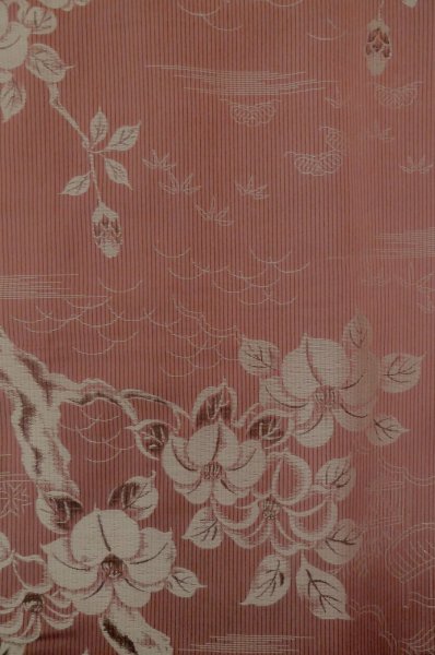 Photo4: P0801A Antique Japanese kimono Dark Red ORI woven for women / Silk. Flower (Grade C) (4)