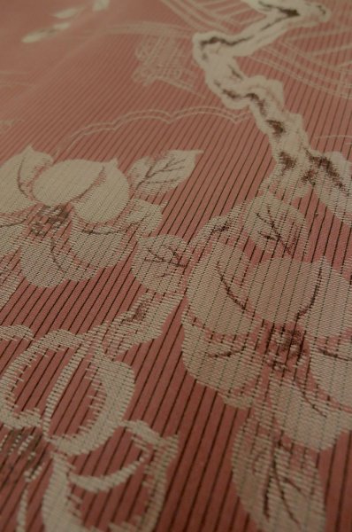 Photo8: P0801A Antique Japanese kimono Dark Red ORI woven for women / Silk. Flower (Grade C) (8)