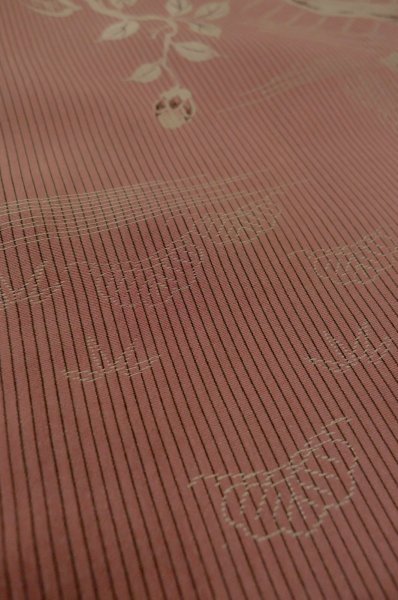 Photo10: P0801A Antique Japanese kimono Dark Red ORI woven for women / Silk. Flower (Grade C) (10)