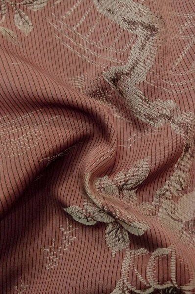 Photo12: P0801A Antique Japanese kimono Dark Red ORI woven for women / Silk. Flower (Grade C) (12)