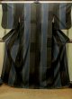 Photo1: P0801B Antique Japanese kimono Dark Navy Blue ORI woven for women / Silk. Stripes (Grade B) (1)